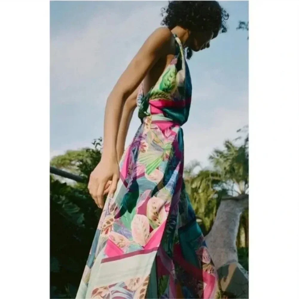 Zara Satin Effect Tropical Scarf Print Midi Dress